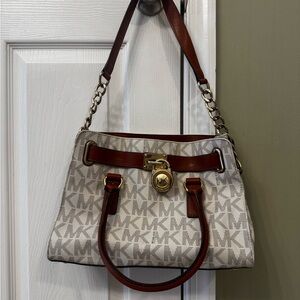 Michael Kors Cream MK Monogram Satchel with Brown Trim